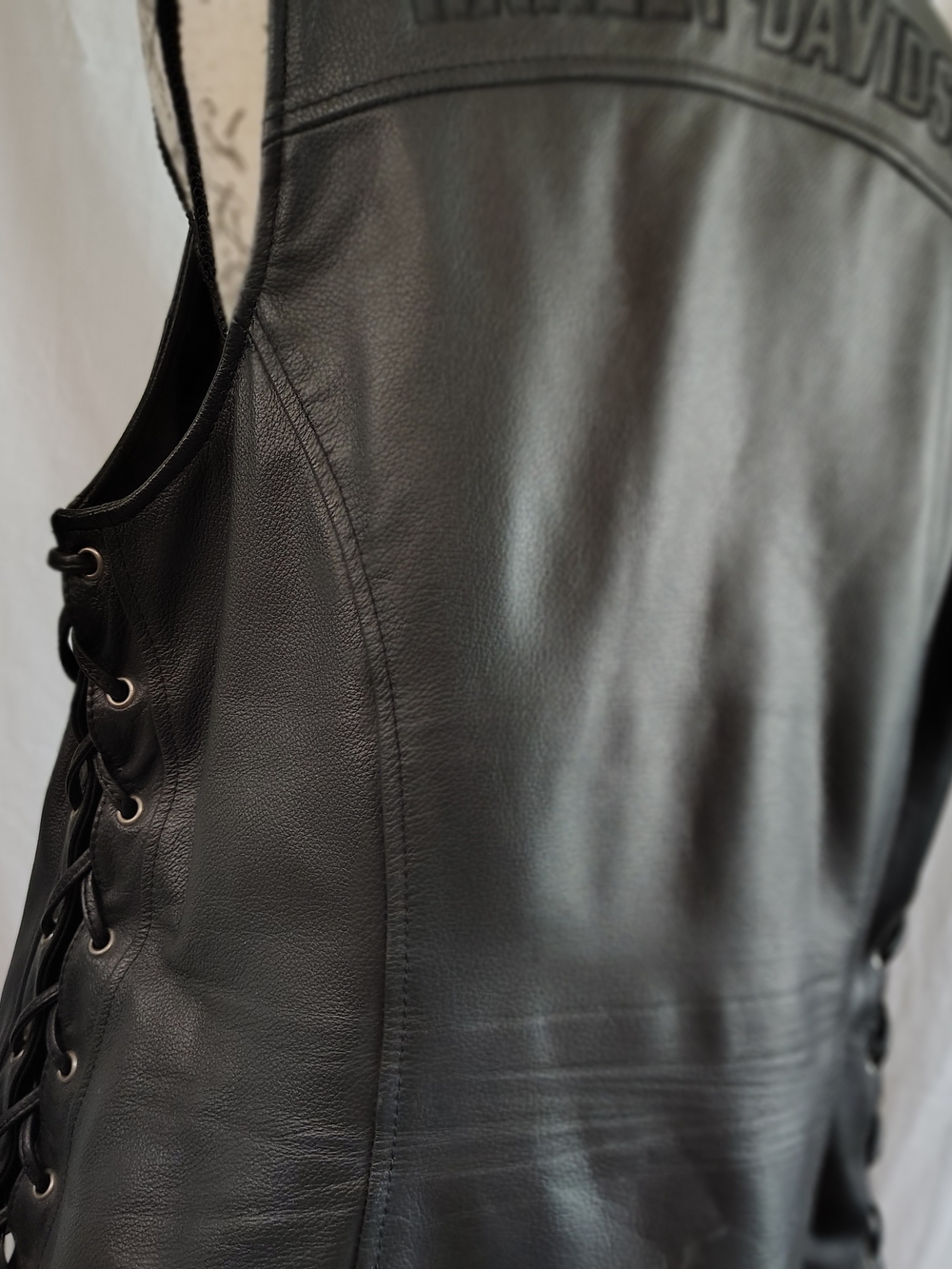 Black Ladies Harley Davidson Leather Zip-Front Biker Vest And Matching Headband - Picture 9 of 12